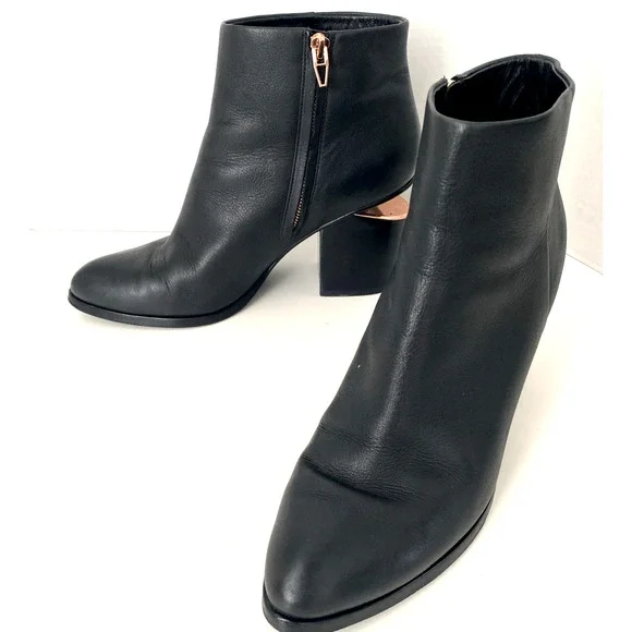 Alexander Wang Gabi Leather Ankle Boot Black Cutout Block Heel Rose Gold 41 11